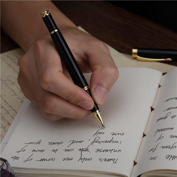 Ballpoint Pens, Stunning Black Chrome Metal Pen with Golden Trim - Picture 4 of 7